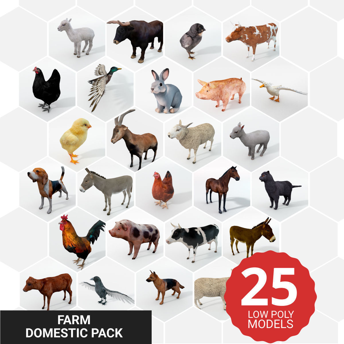 3D model 25 Farm Domestic Animal Models Pack VR / AR / lowpoly