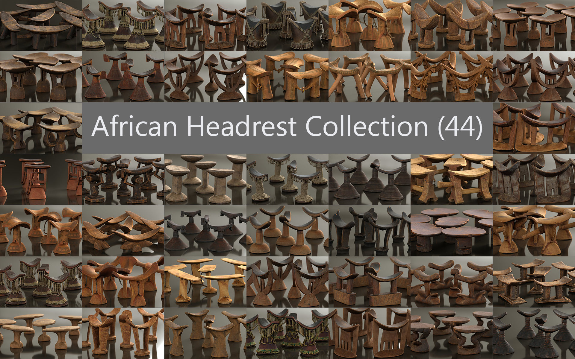44 African Headrests Antique Carved Wood