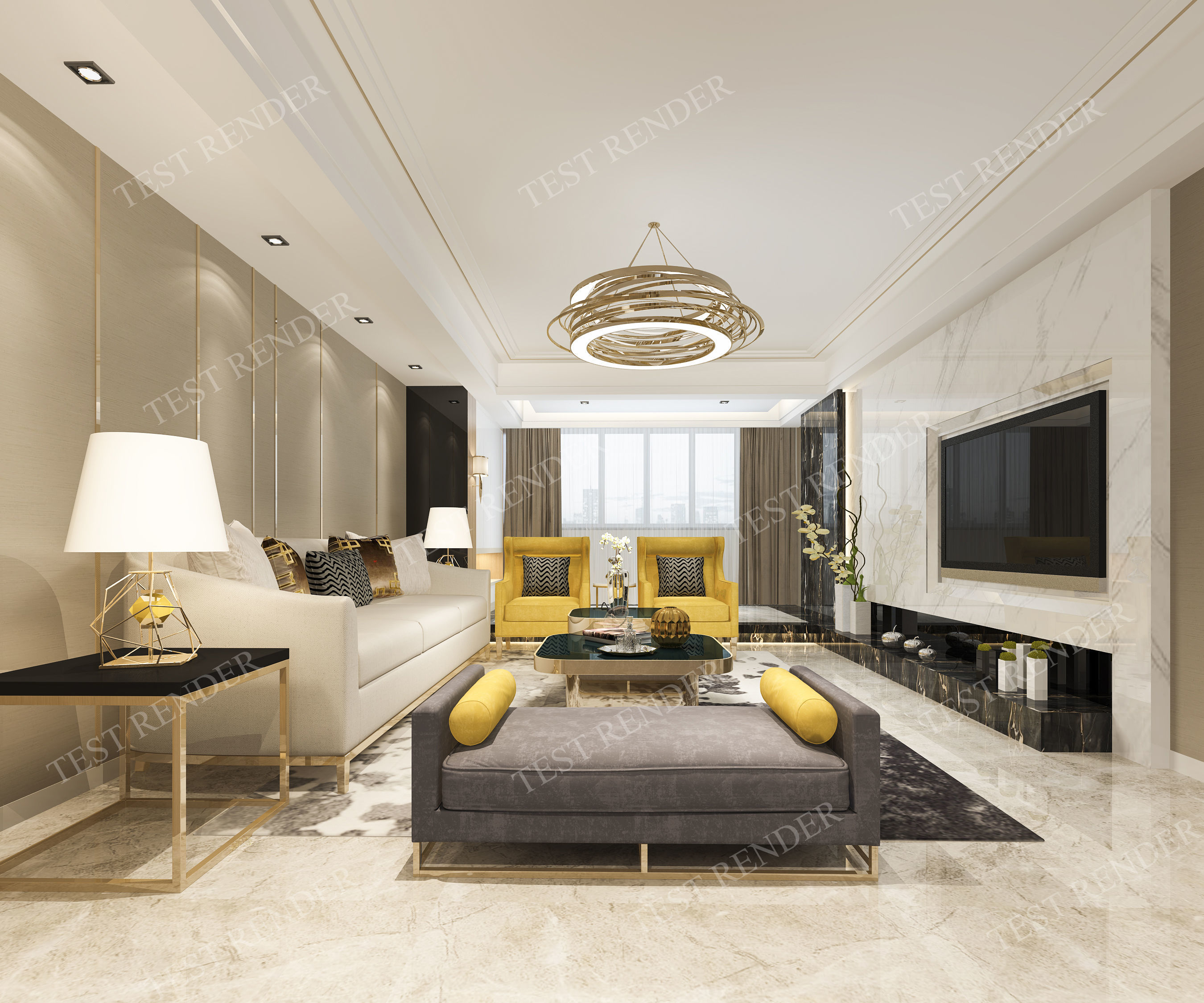Modern Living Room With Tv Yellow Sofa Model