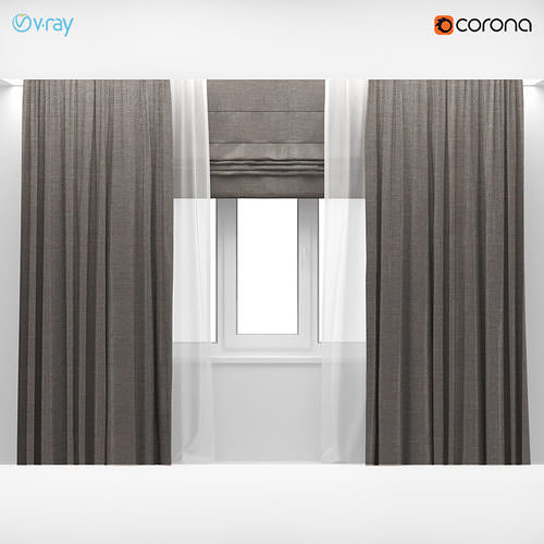 Wide Brown Curtains With White Tulle Roman Blindsr 3d Model Cgtrader Wide Brown Curtains With White Tulle, Black White And Brown Curtains