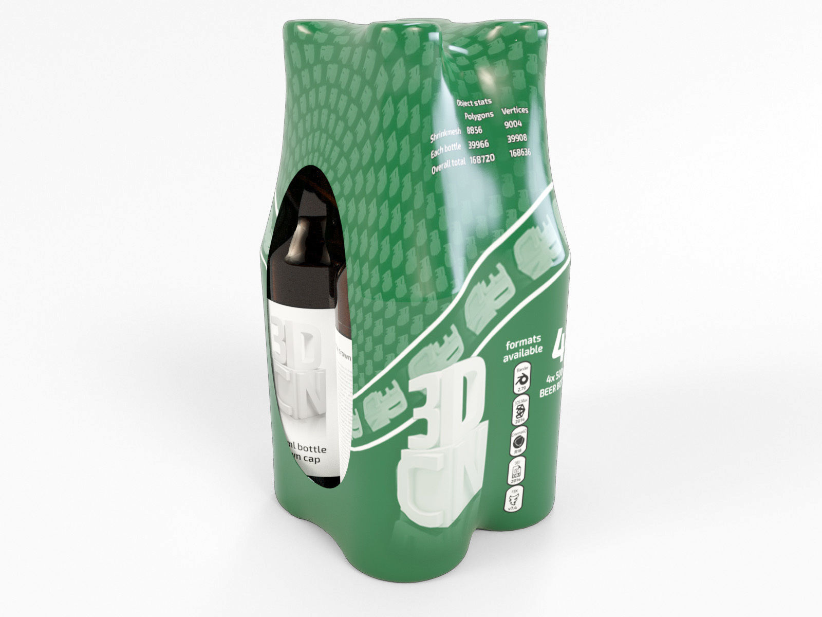 4 pack 500ml bottles in a plastic shrinkwrap 3D model