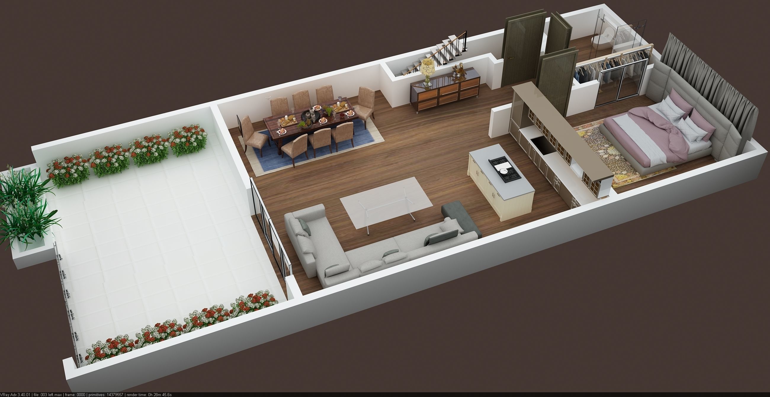 3d floor plan of 2nd floor appartment building