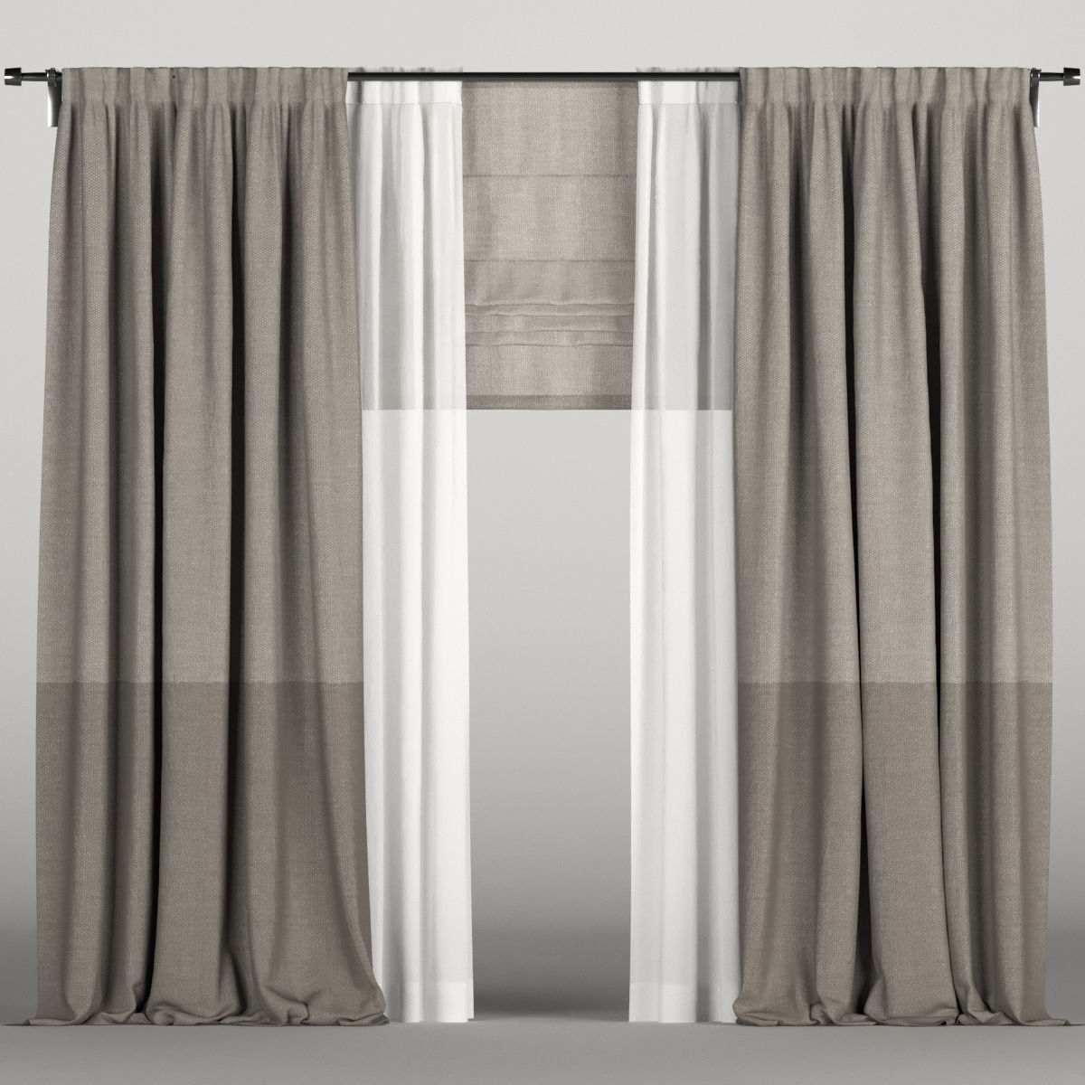 Brown Curtains In Two Shades With Roman Blinds 3d Model 1