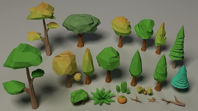 3D model Rustic set Low-poly trees and plants VR / AR / low-poly | CGTrader