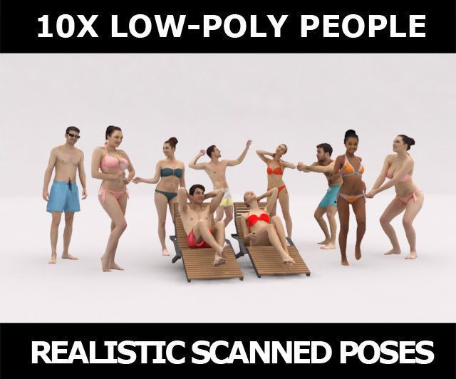 10x LOW POLY BEACH PEOPLE CROWD