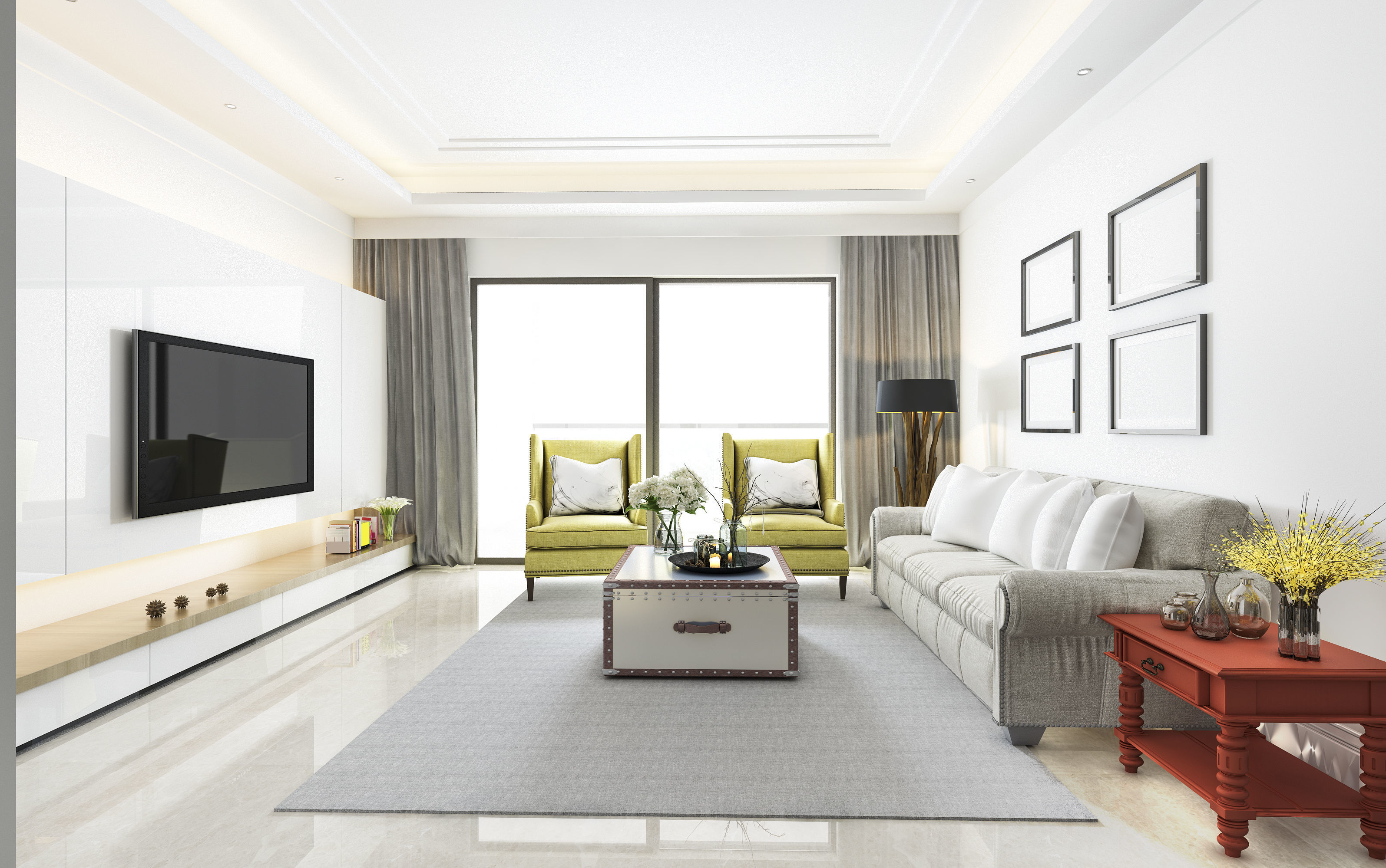 Modern Vintage Living Room With Yellow Sofa And Red Table Model Modern Vintage Living Room With Yellow Sofa And Red Table Model
