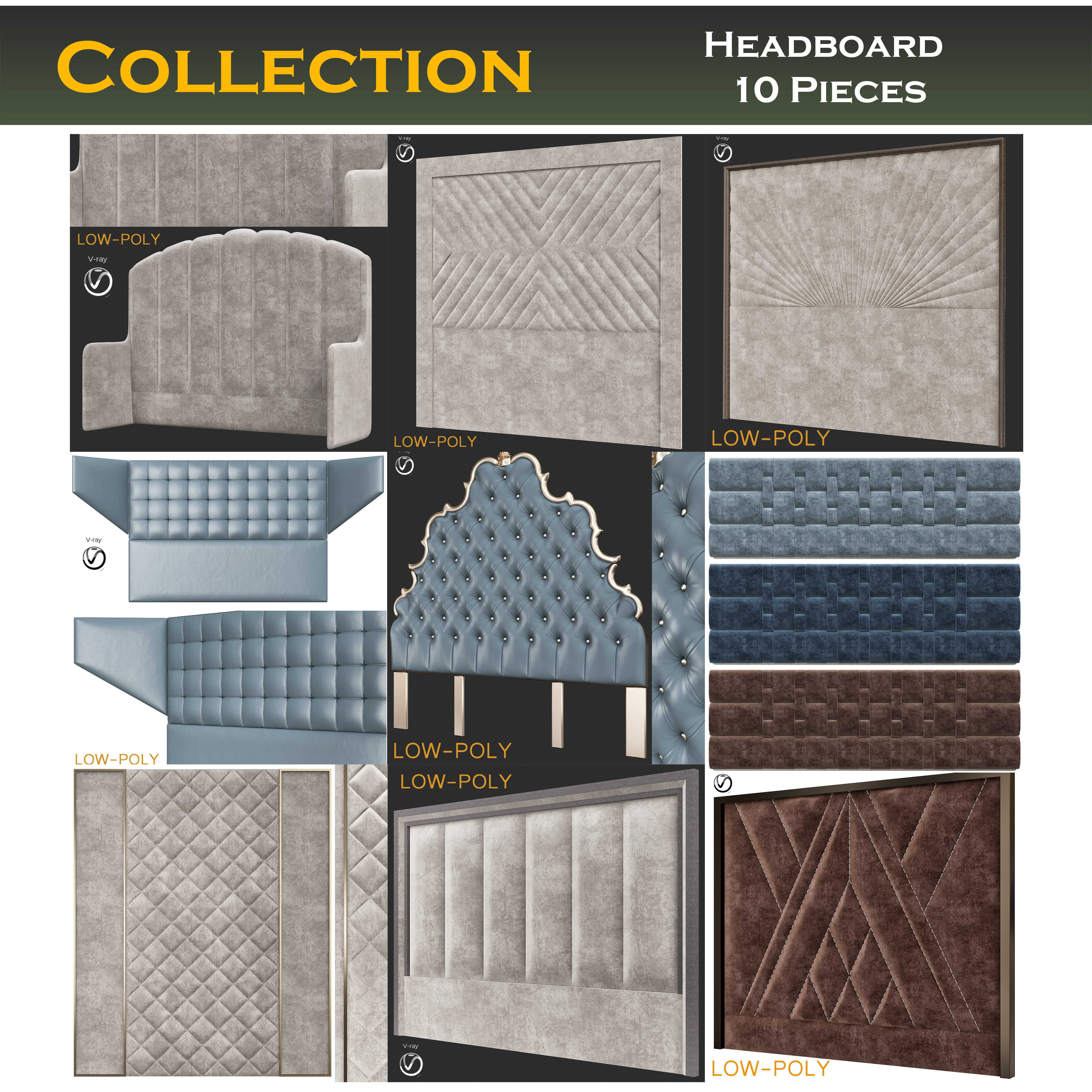 3D model Headboard 3d model collection wall panel with grids VR / AR