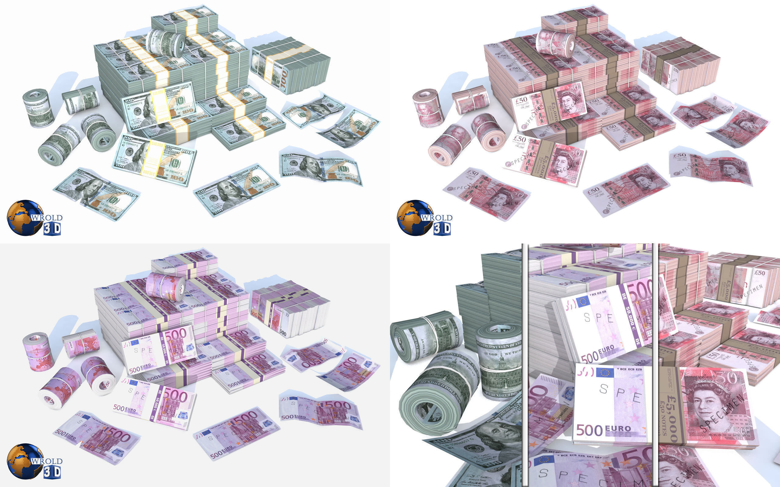 Lowpoly Money Currency Collection Pack 3d model