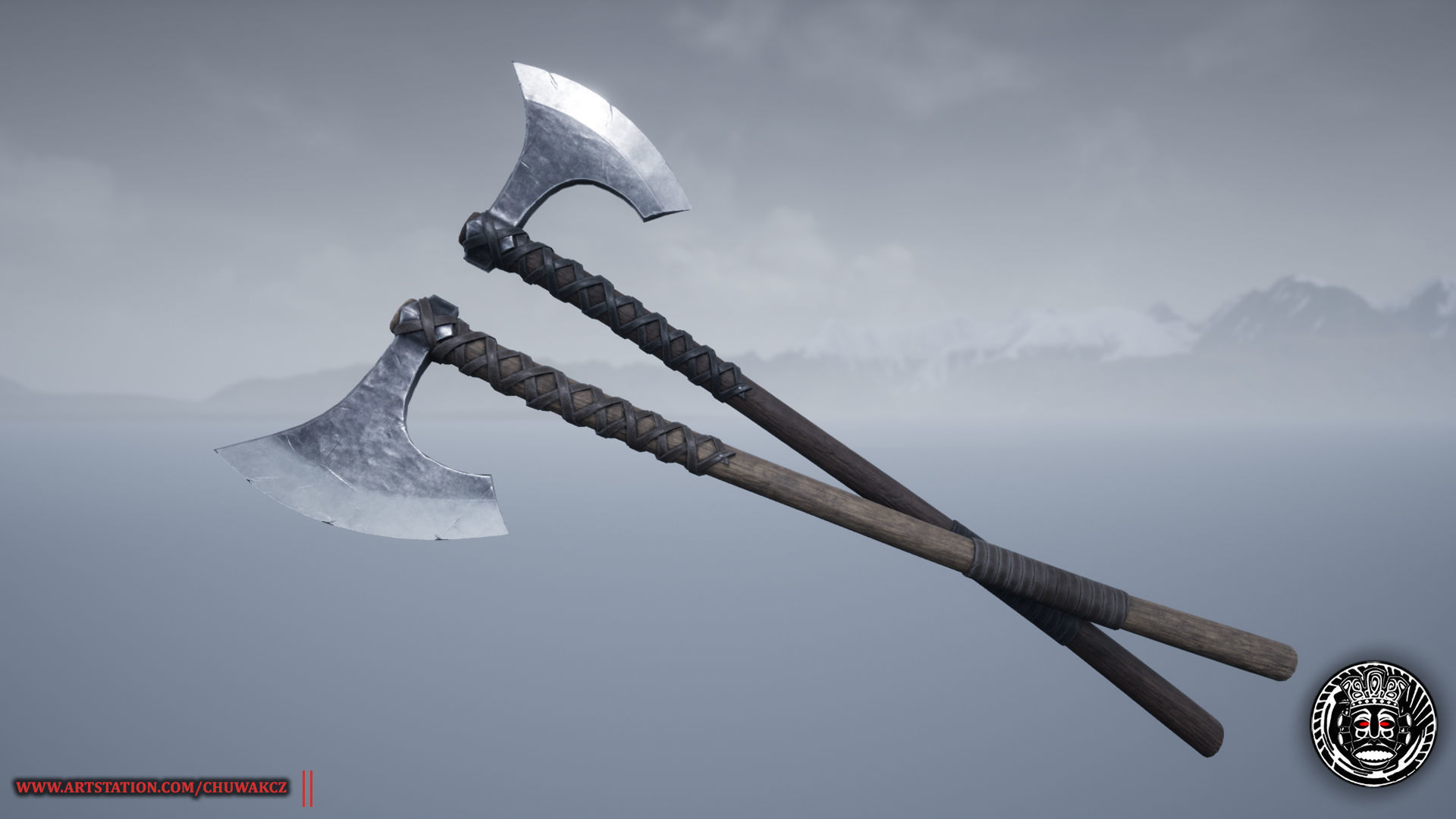 3D model Viking Two Handed Battle Axe Game ready low poly weapon VR