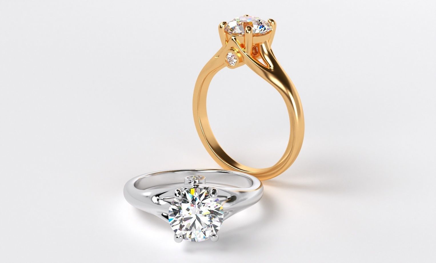 classic gold engagement ring with 7mm round diamond 3D print model