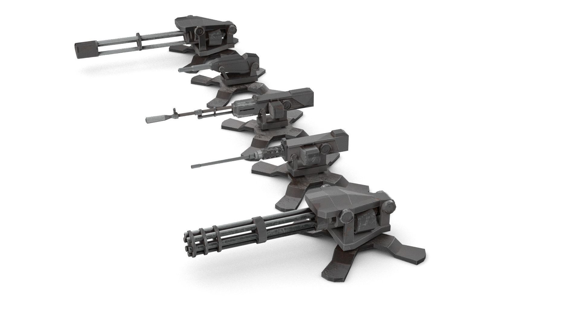 Automatic turret gun PBX animated set Low-poly 3D model