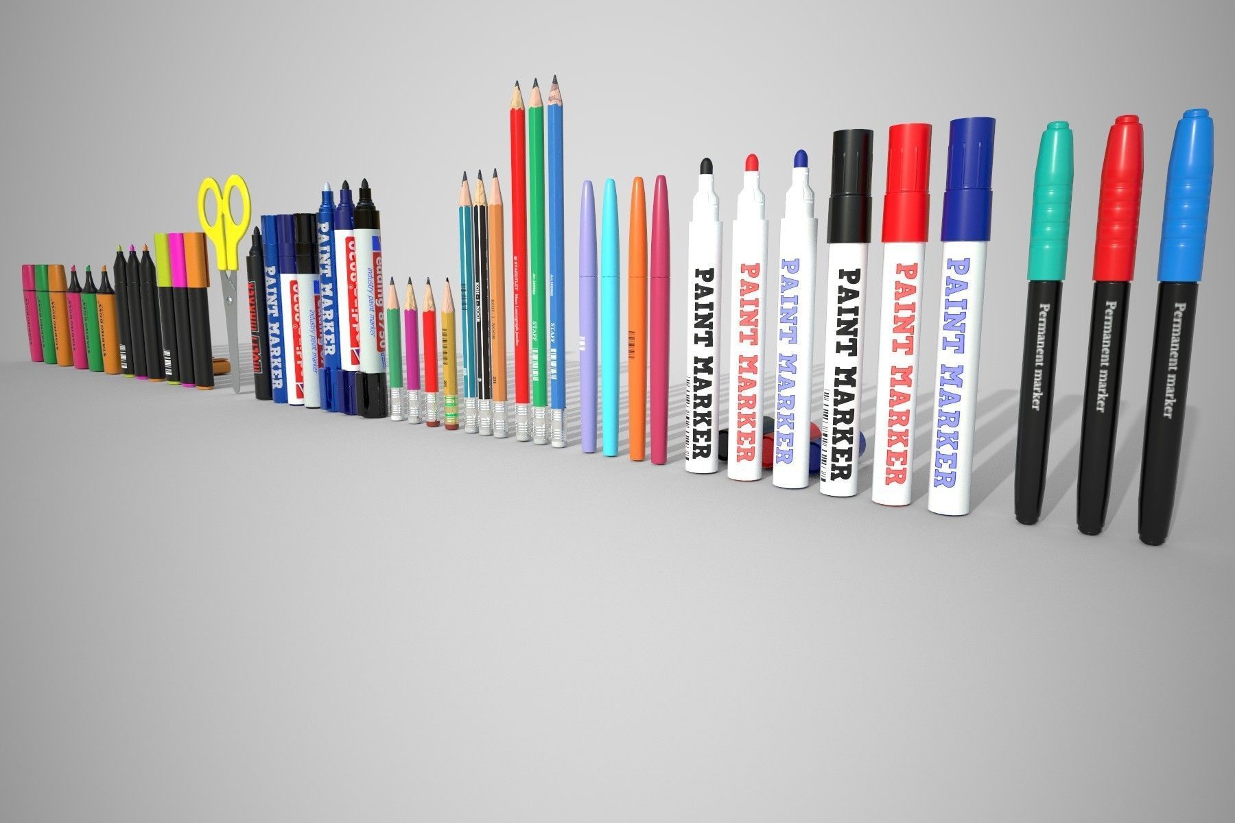 3D model Stationery set PBR different colored pens and pencils VR / AR