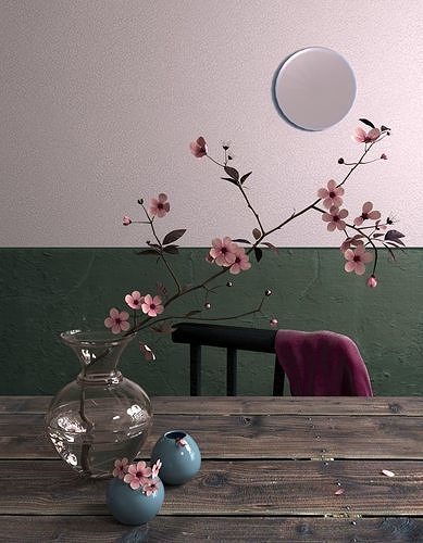 Decorative set - vase with branch of sakura 3D model