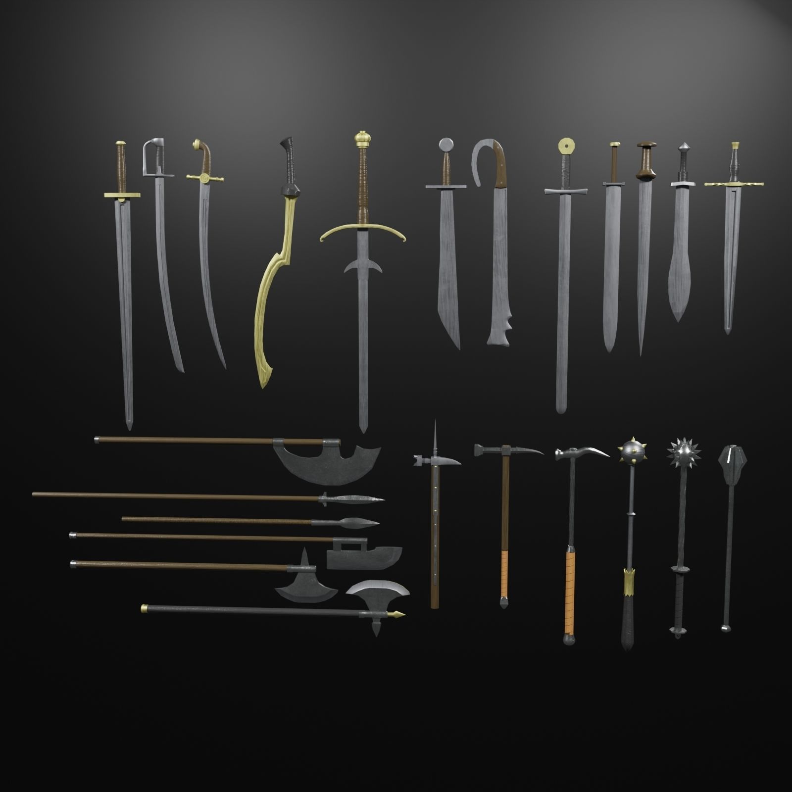 3D model 24 types of lowpoly medieval weapons VR / AR / lowpoly