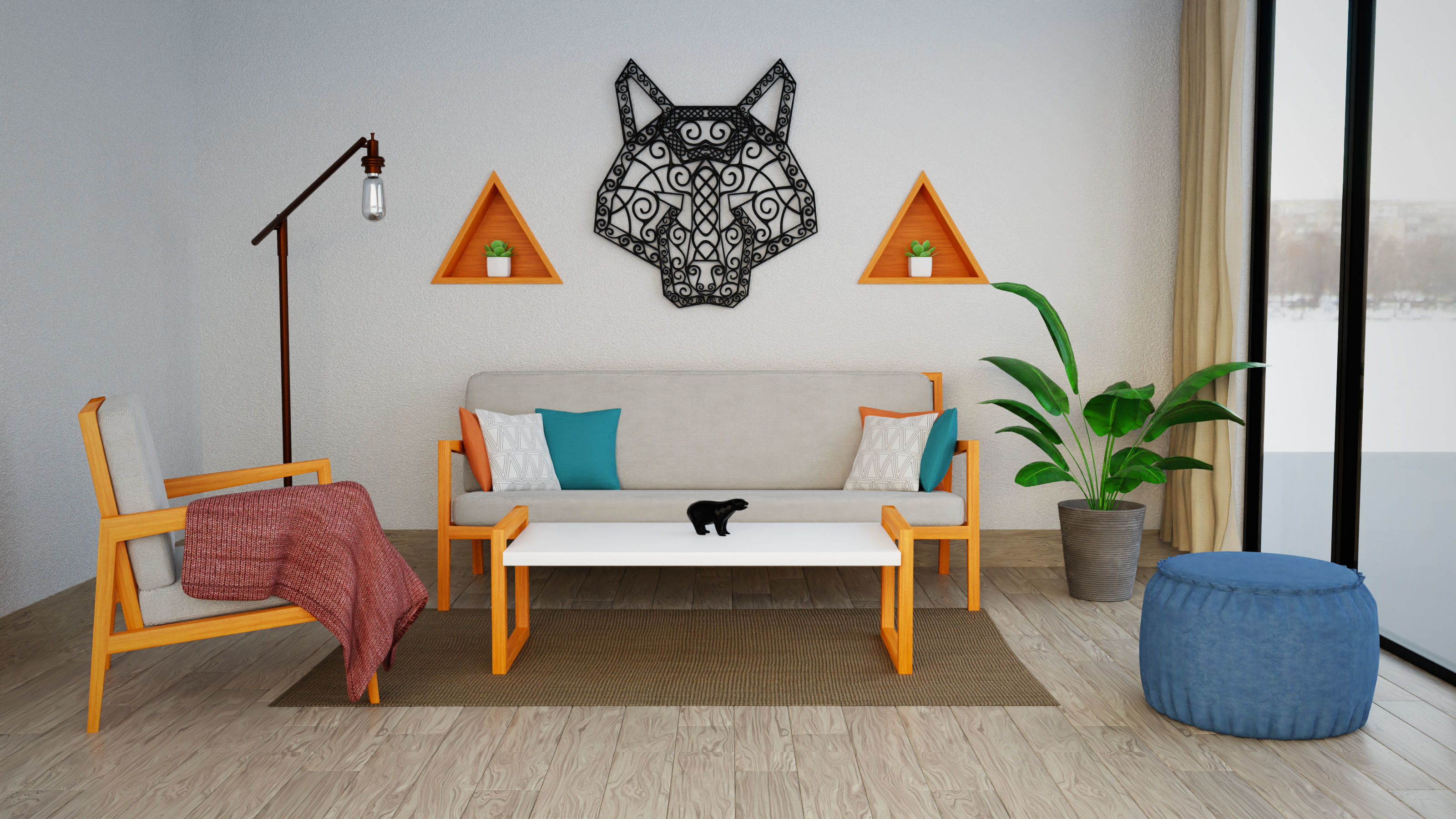 Model Scandinavian Living Room With Wolf Decoration Model Scandinavian Living Room With