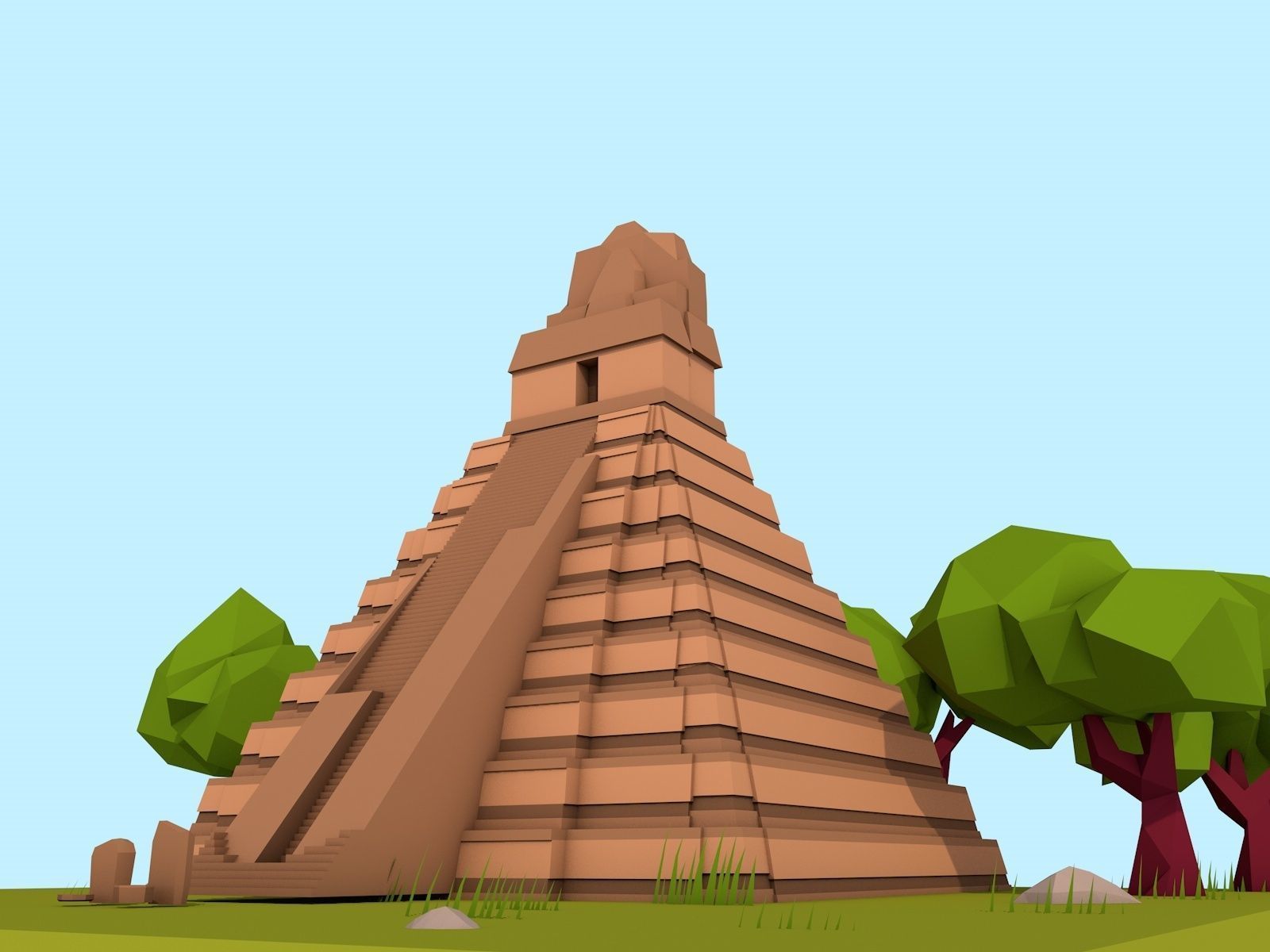 Cartoon Low Poly The Great Jaguar Tikal Temple