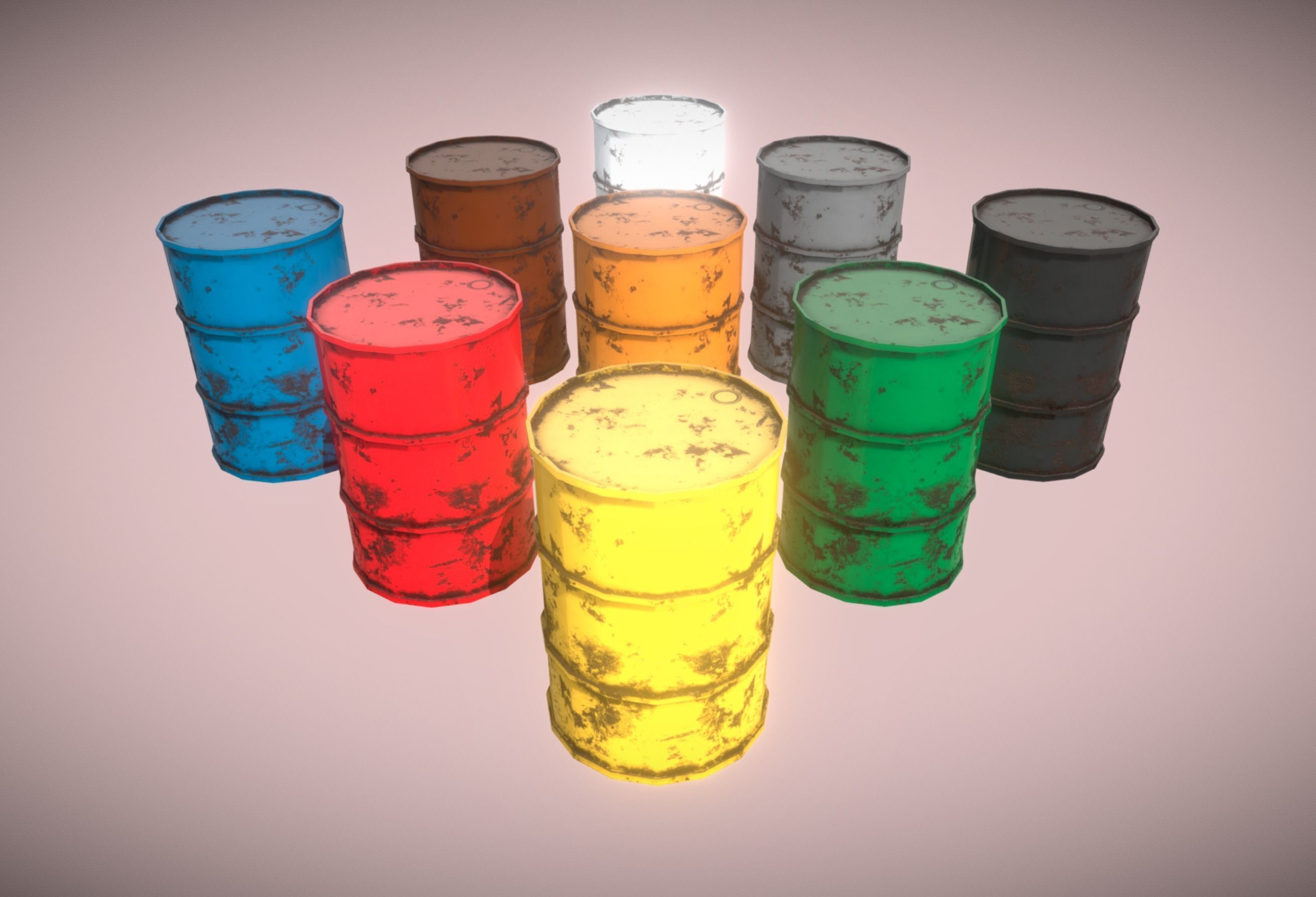 9 Color Barrels Rusty VR AR Low-Poly PBR