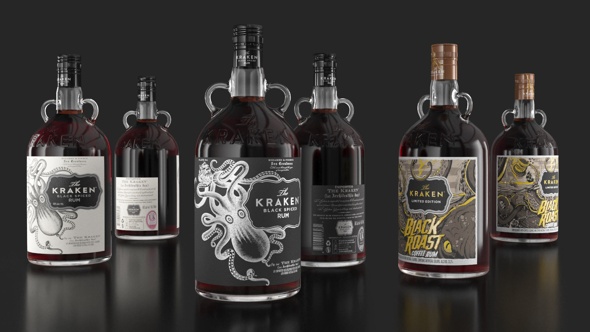 Kraken Rum Original Label Bottles Set 3D model CGTrader