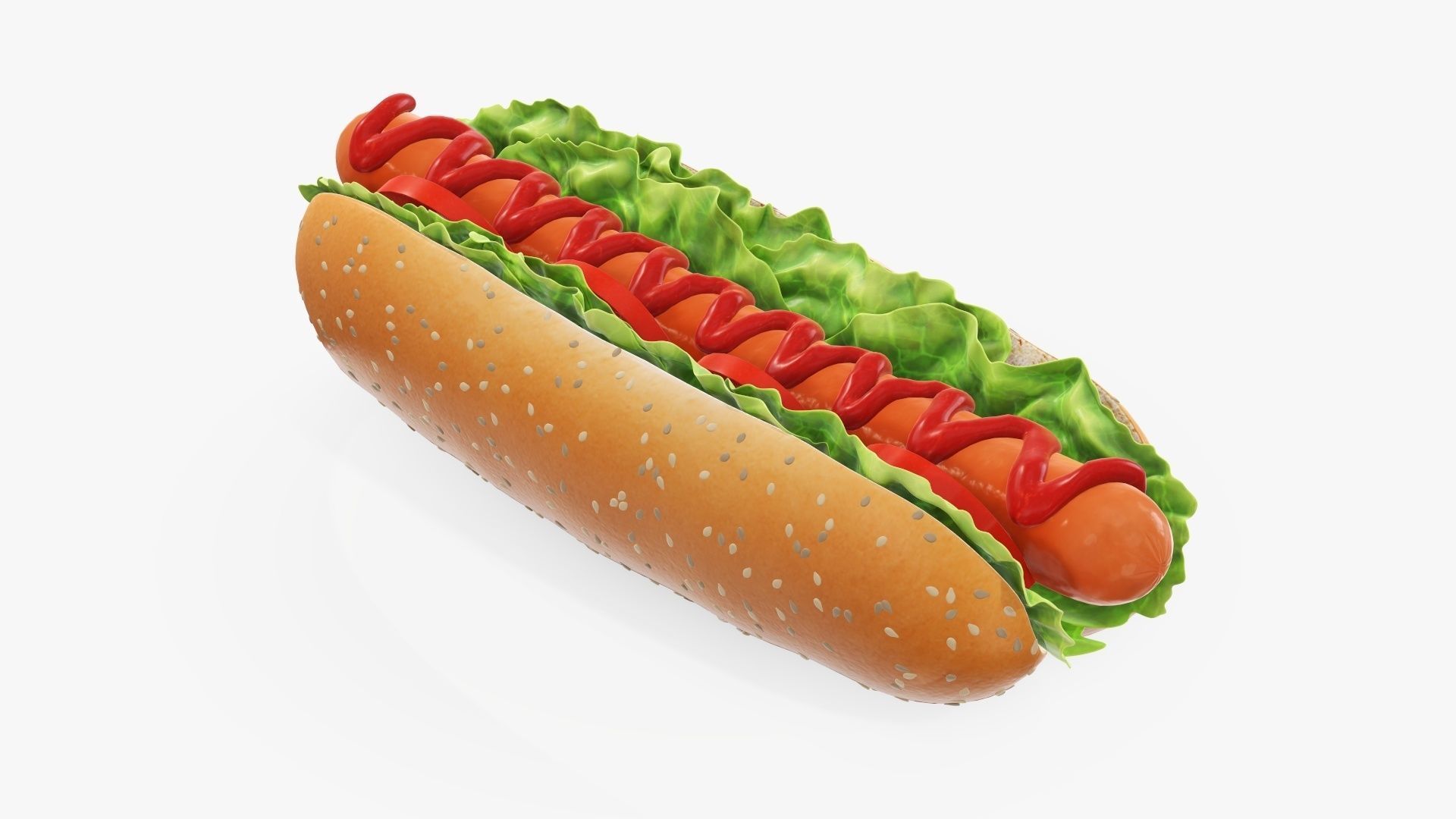 Hot dog with ketchup tomato salad seeds