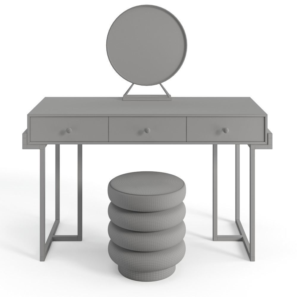 Pink Velvet Upholstered Makeup Vanity Table with Ottoman 3D model