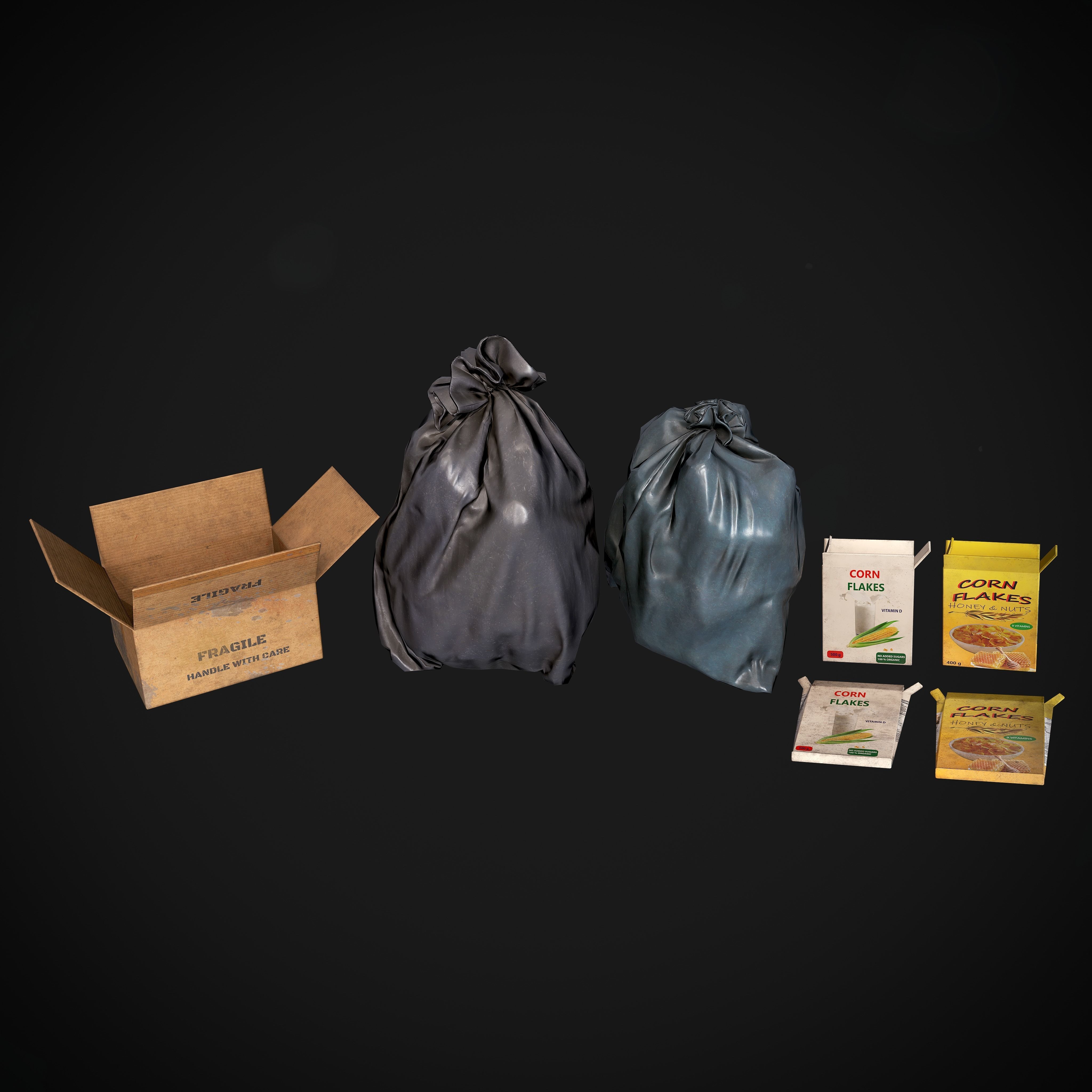 3D asset lowpoly Garbage set trash bags and boxes