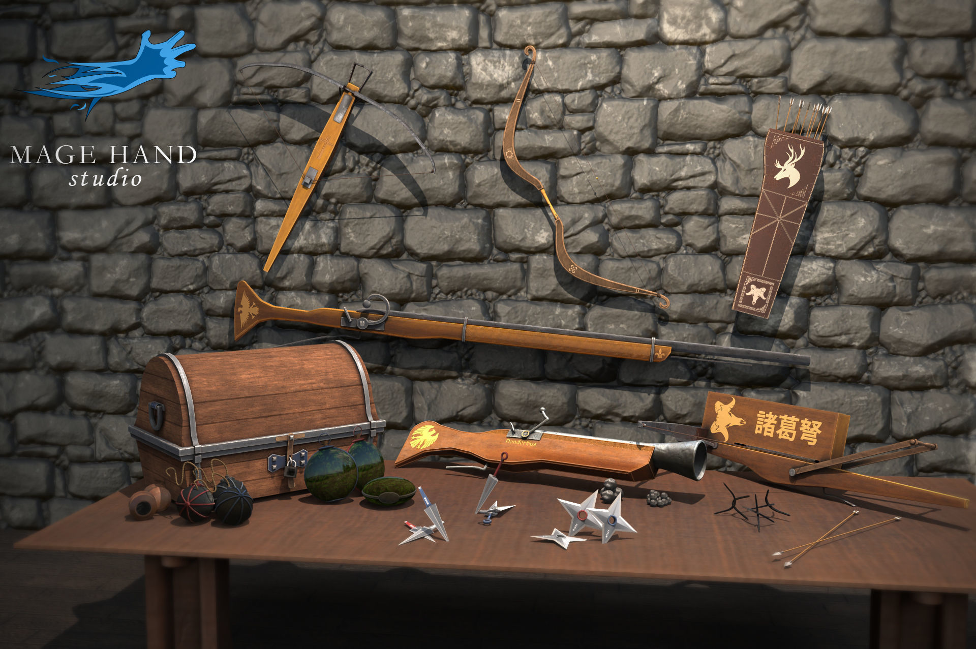 Medieval ranged weapons and throwables pack 3D model CGTrader