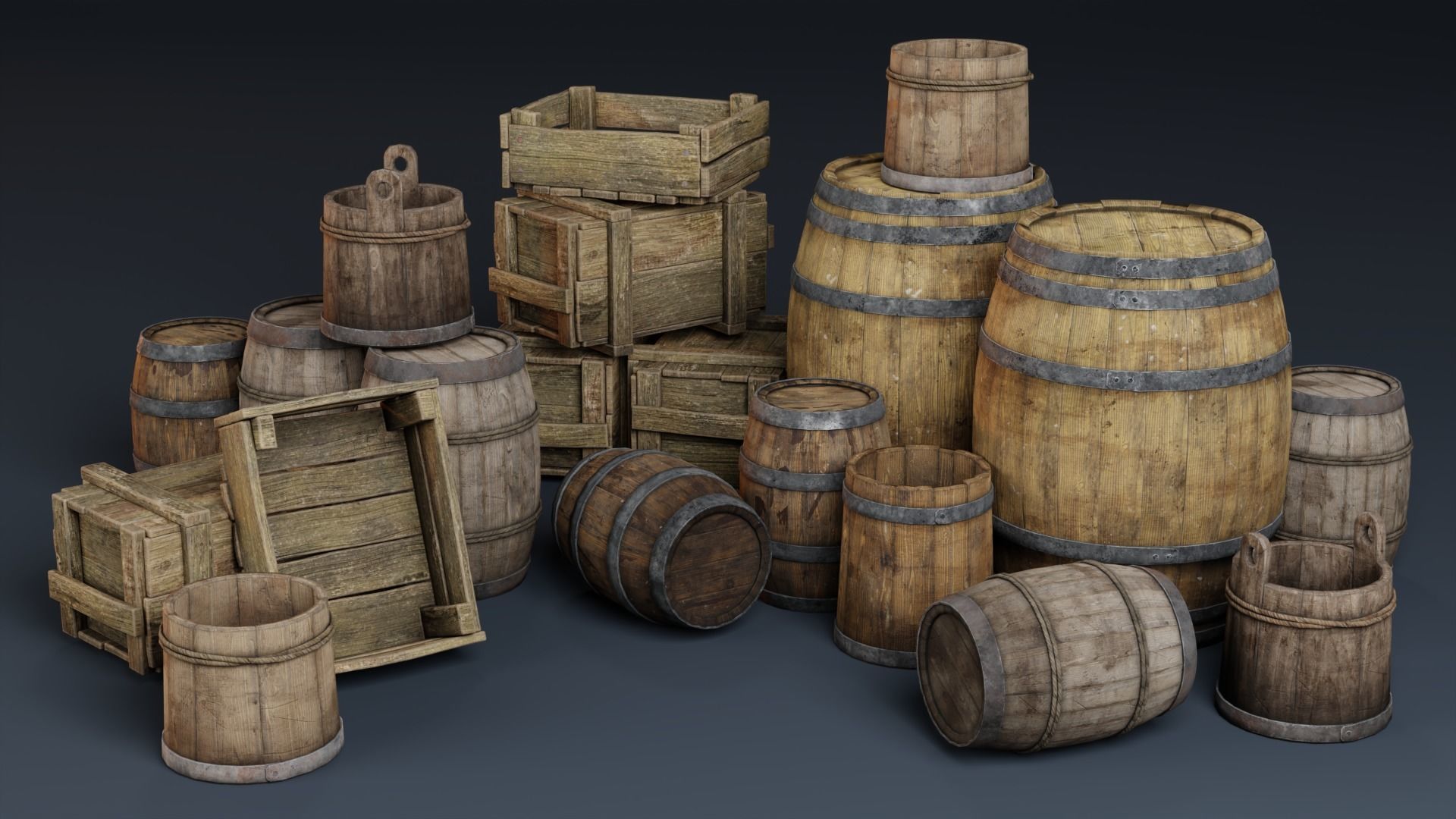 3D model Medieval Fantasy Storage Props Asset Pack barrels crates