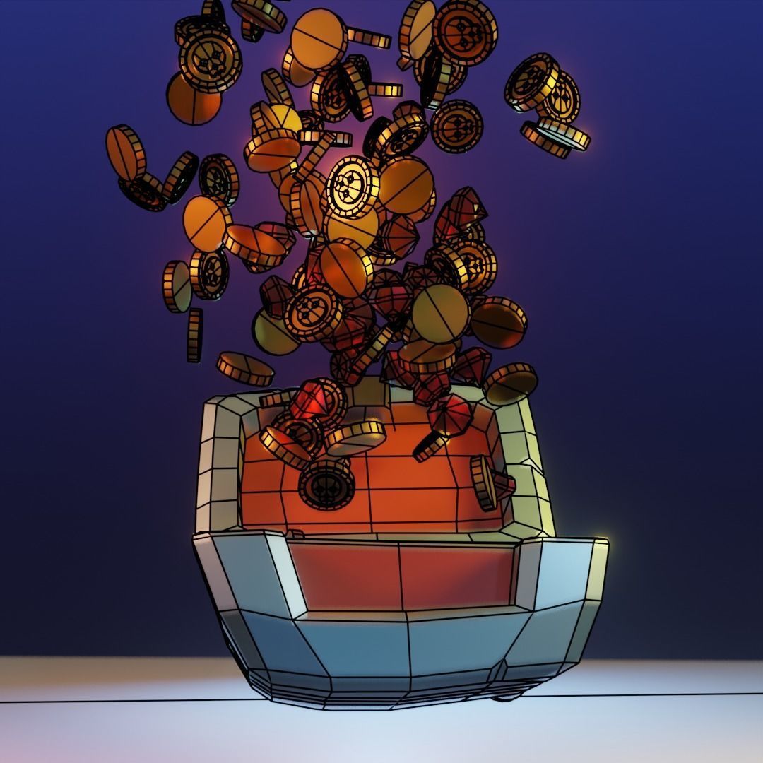 3D model Low Poly Treasure Chest Coin Explosion animation VR / AR / low