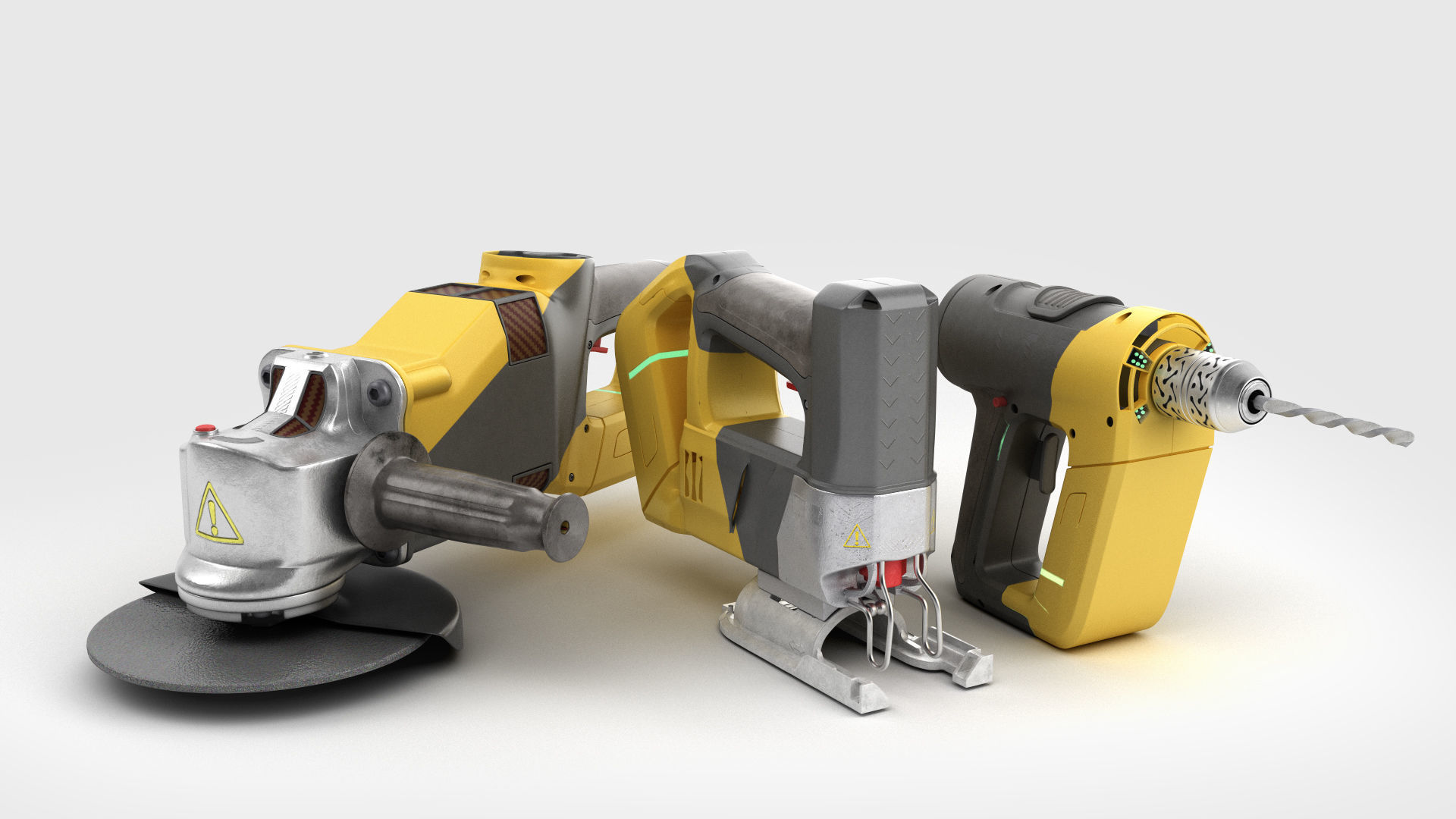 3D model set of modern portable power tools Drill grinder and jigsaw VR