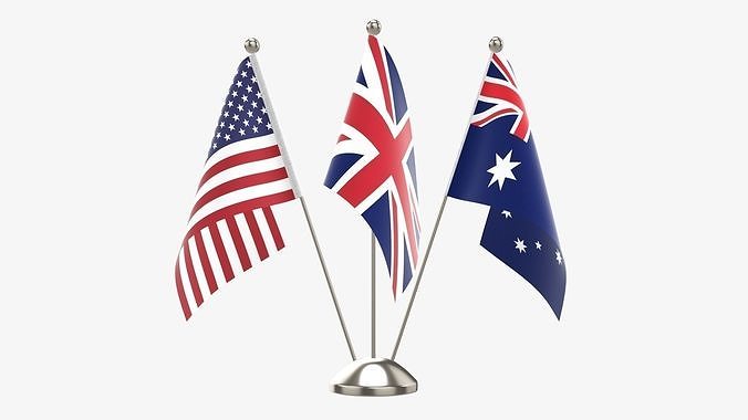 Desk decorative flag on triple flagpole 3D model