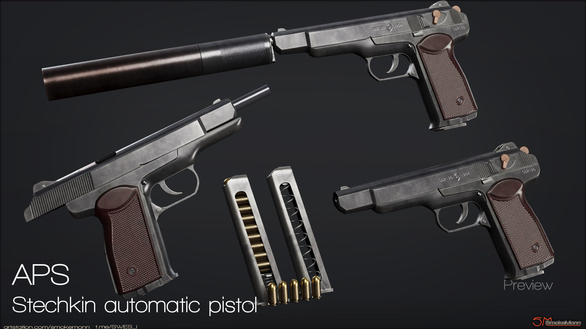 APS -Stechkin Automatic Pistol - FPS ready - Mid 3D model