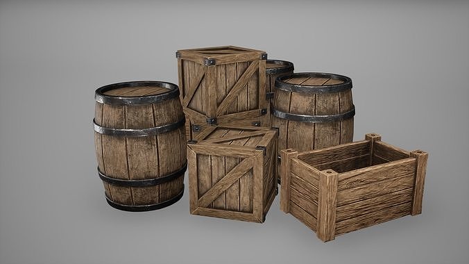 3D model Barrel Set Low Poly Game Ready of wooden barrels VR / AR / low ...