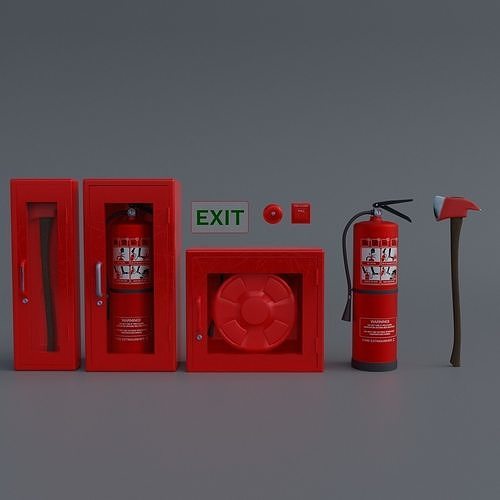3D model Fire Equipment Set Fire Extinguisher Alarm PBR