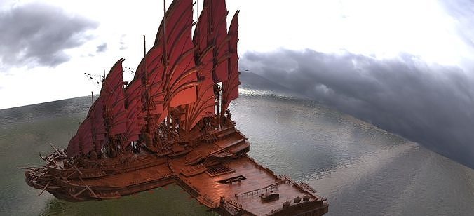 Emperors Asian Red Fin sailed Ship port 1 3D model