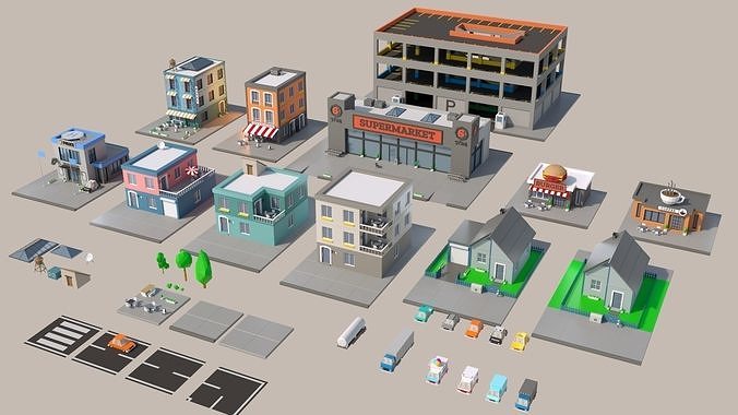 3D model Low poly City Set house VR / AR / low-poly | CGTrader