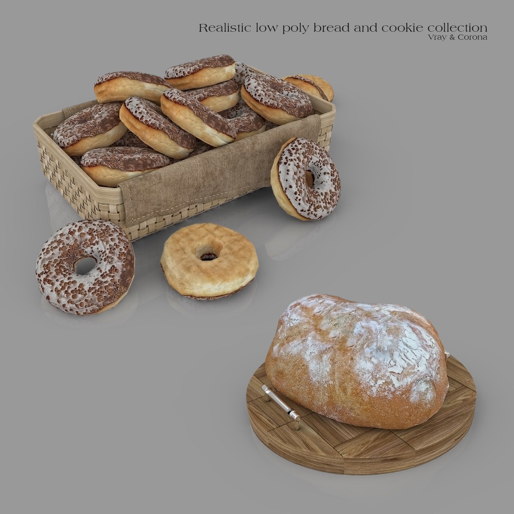 3D model Realistic Low Poly Bread And Cookie Collection VR / AR / low ...