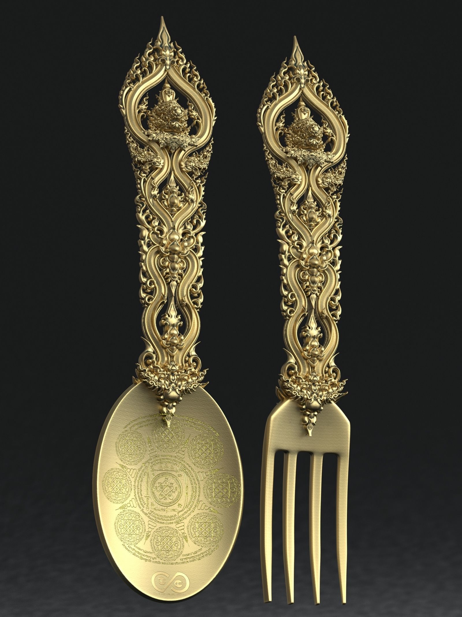 Fork and Spoon Thai Pattern for 3d print Casting jewelry 3D model 3D