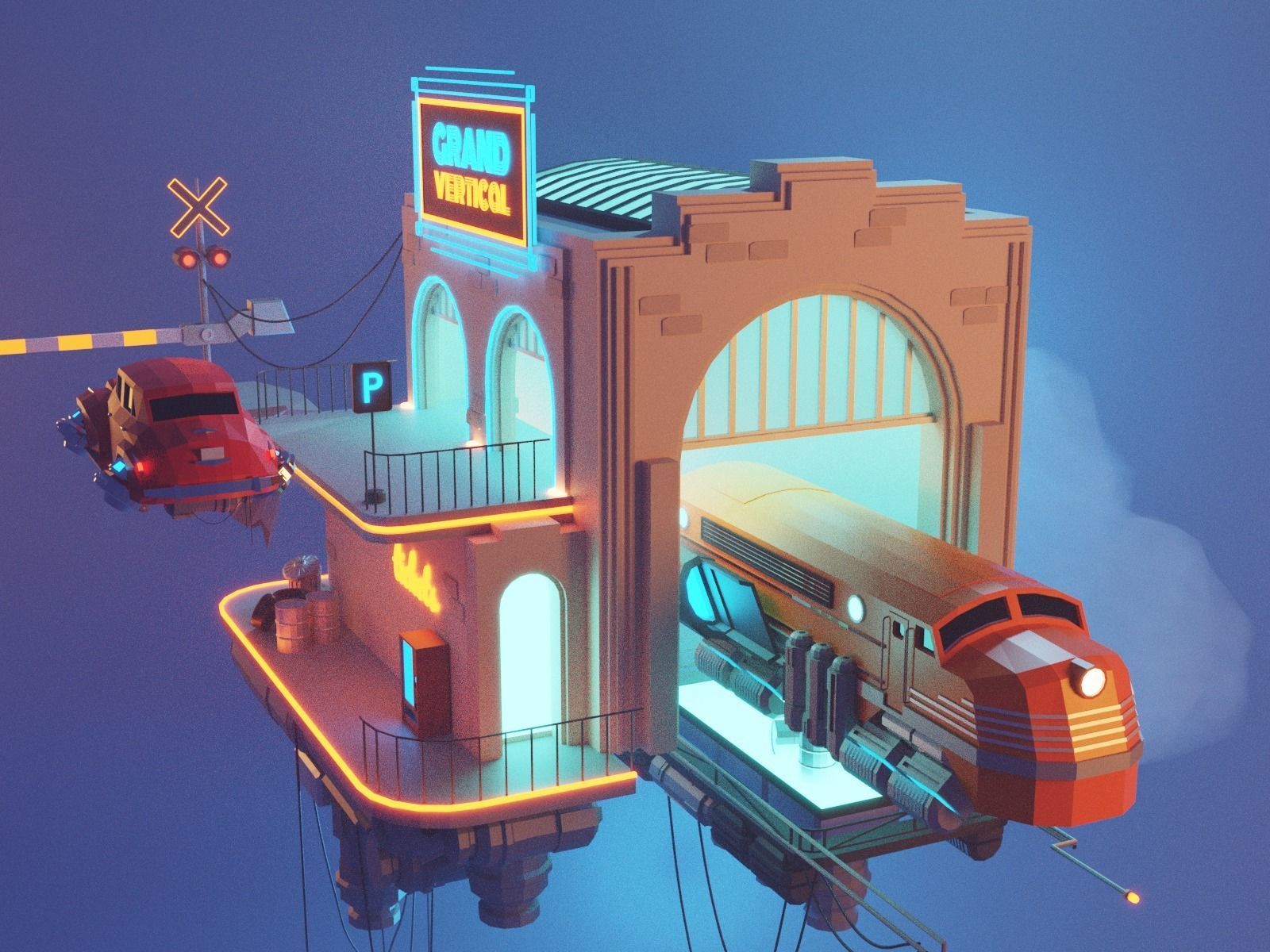 Cartoon Cloud Train Station scene 3D model | CGTrader