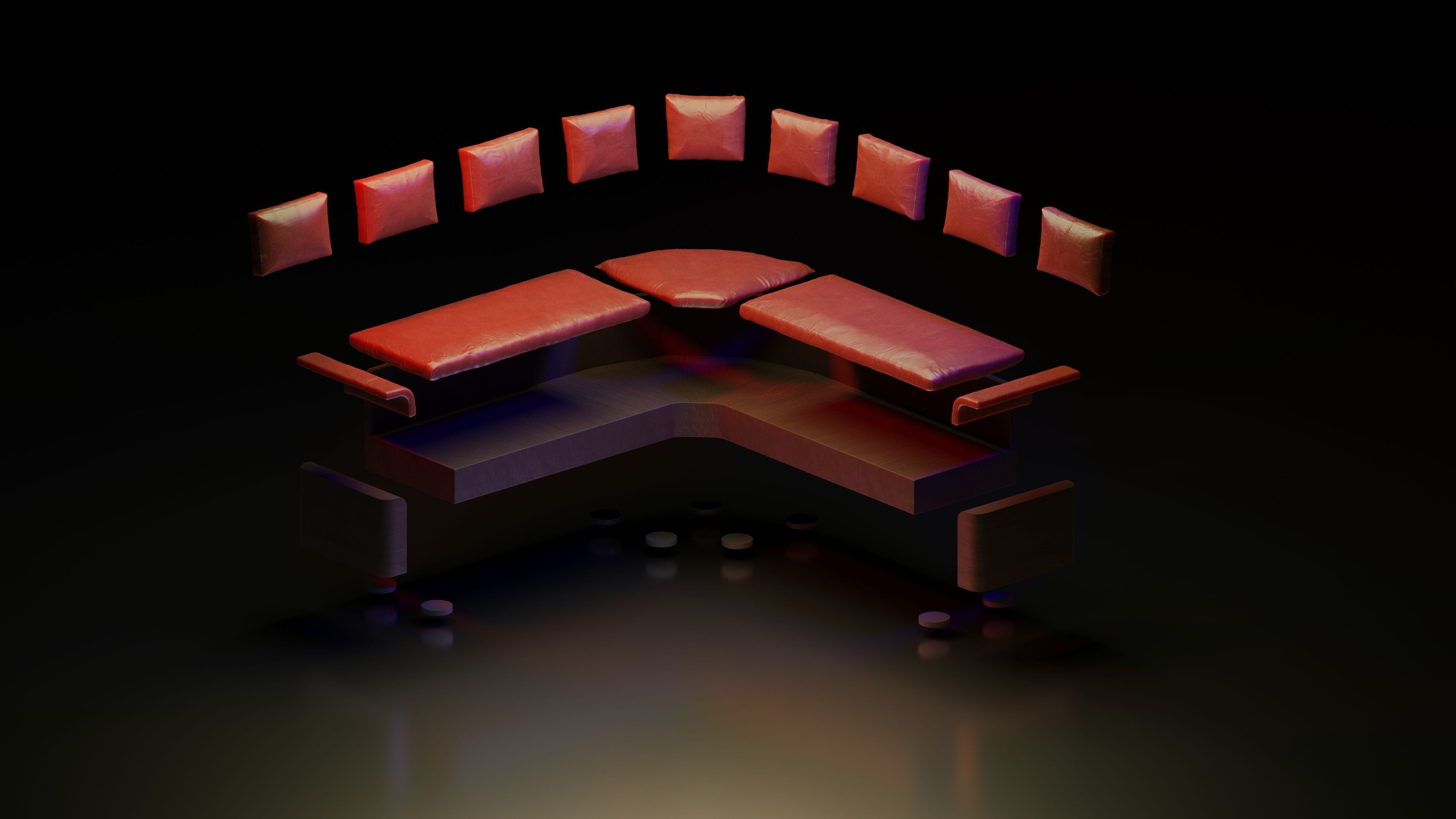 Large red corner sofa with leather cushions and wood base 3D model