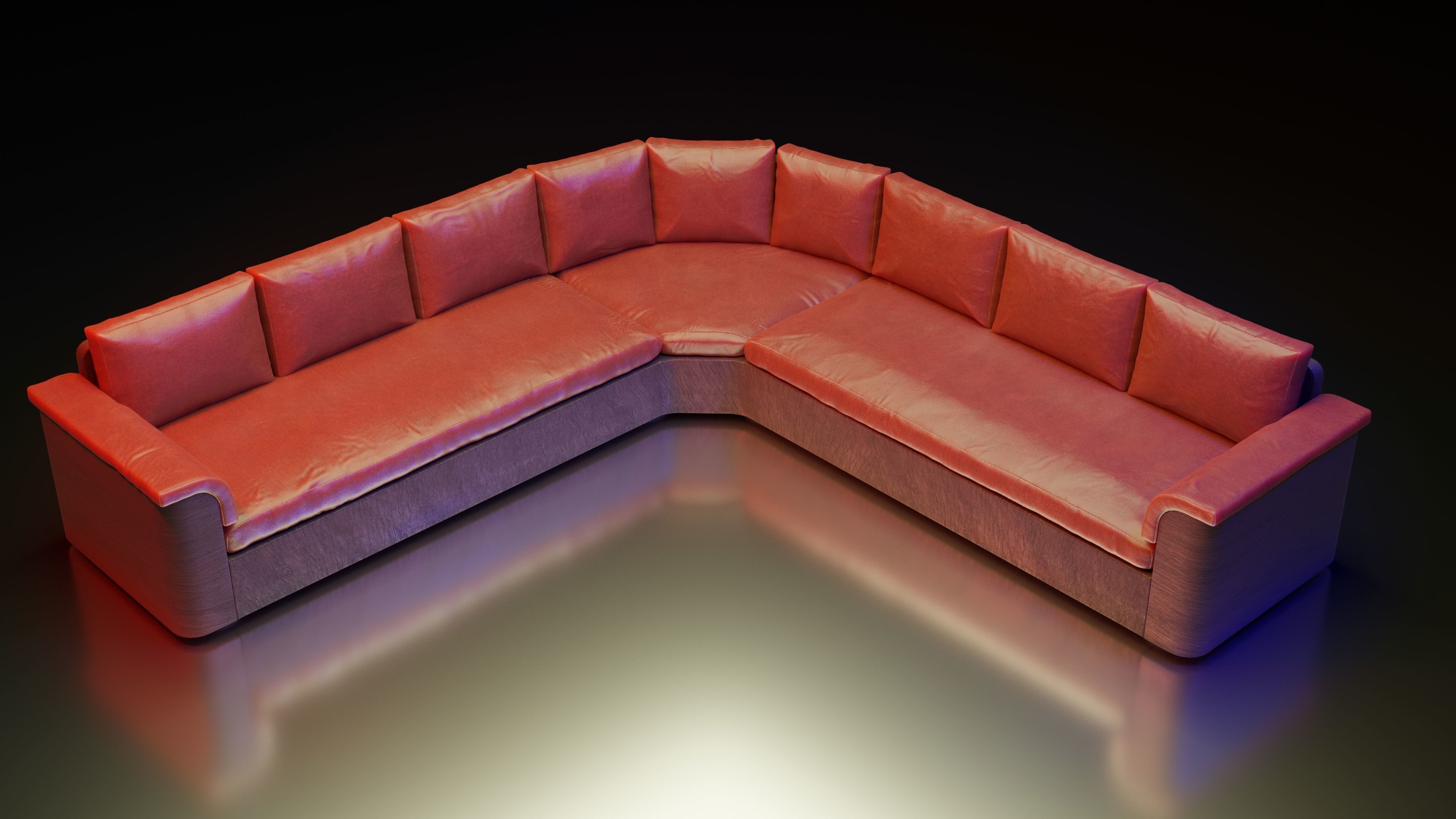 Large red corner sofa with leather cushions and wood base 3D model