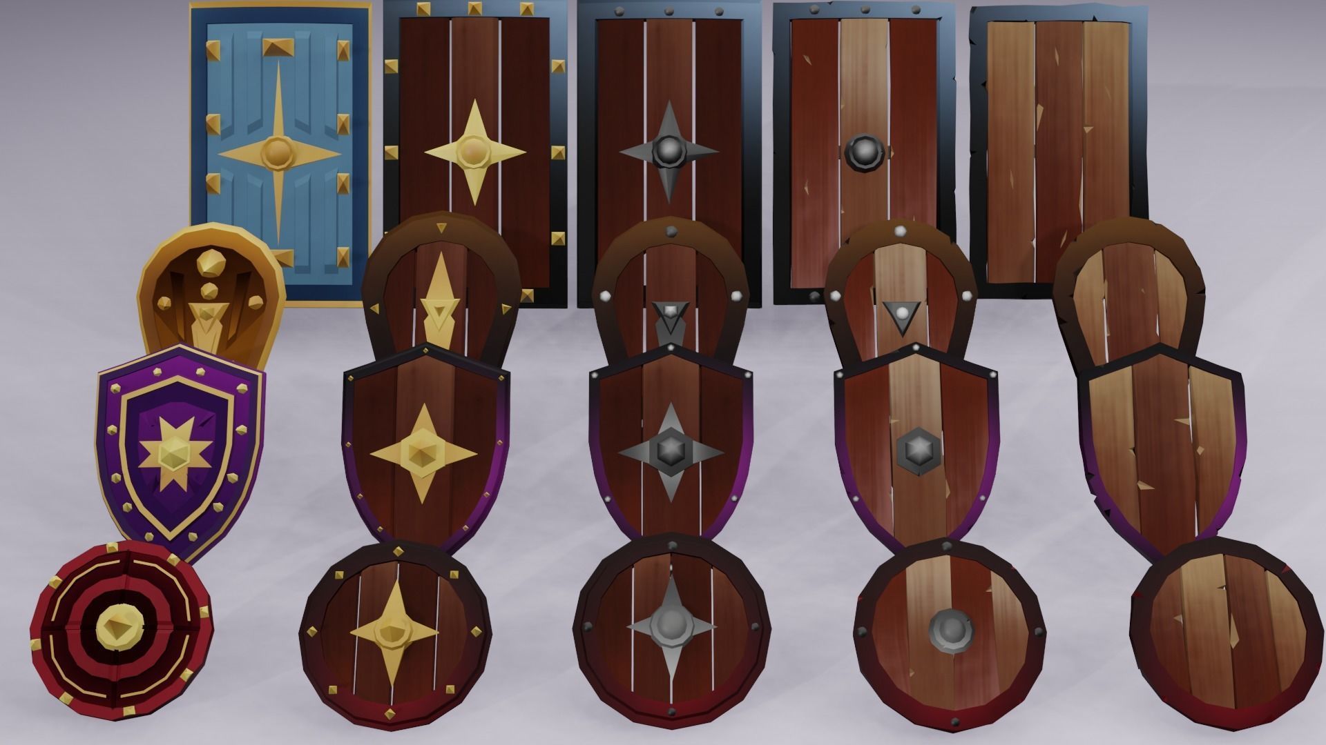 Shieldsar Low poly Shields group of wooden free VR / AR / low-poly 3D model ...