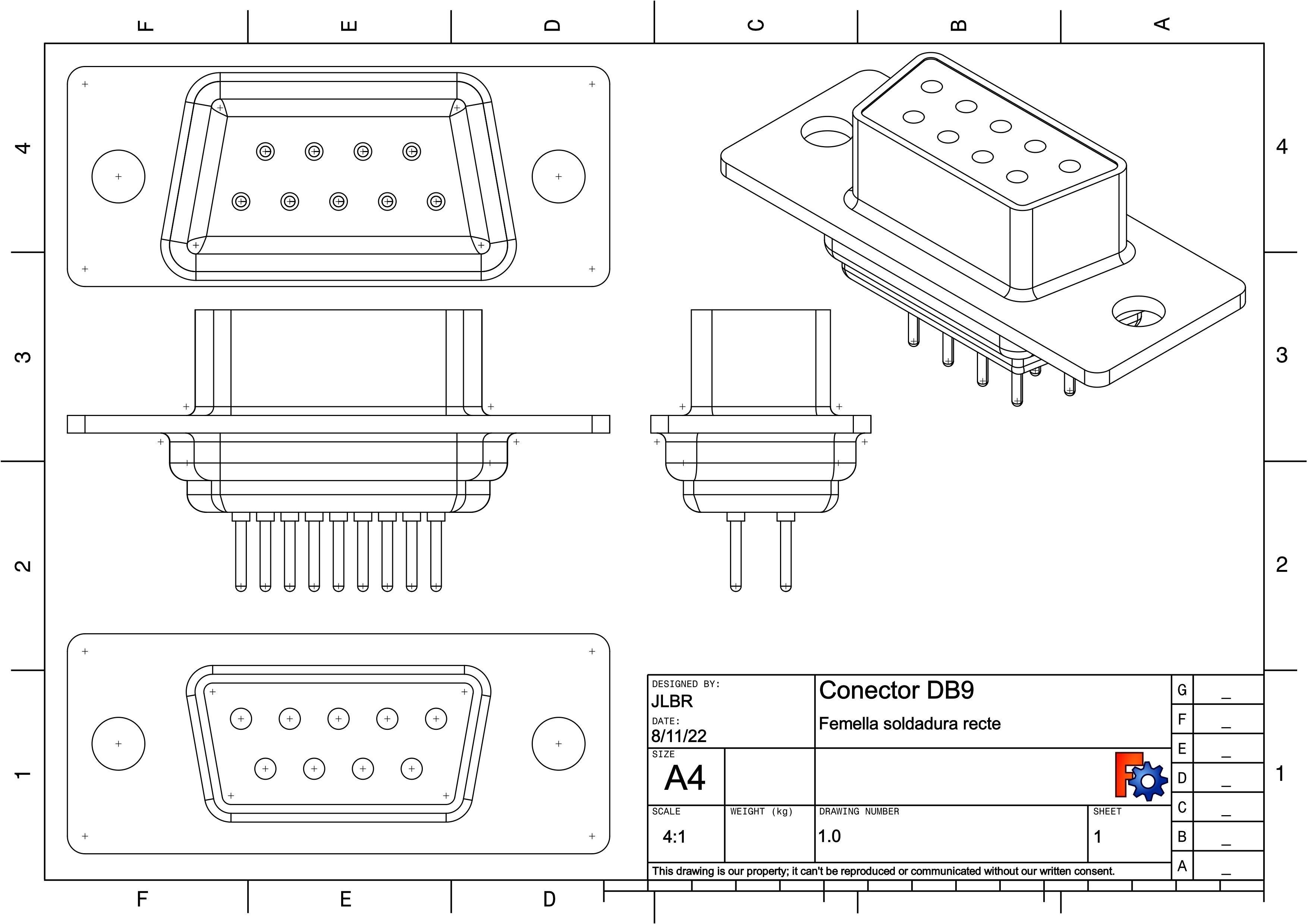 DB9 female connector through hole 3D model CGTrader
