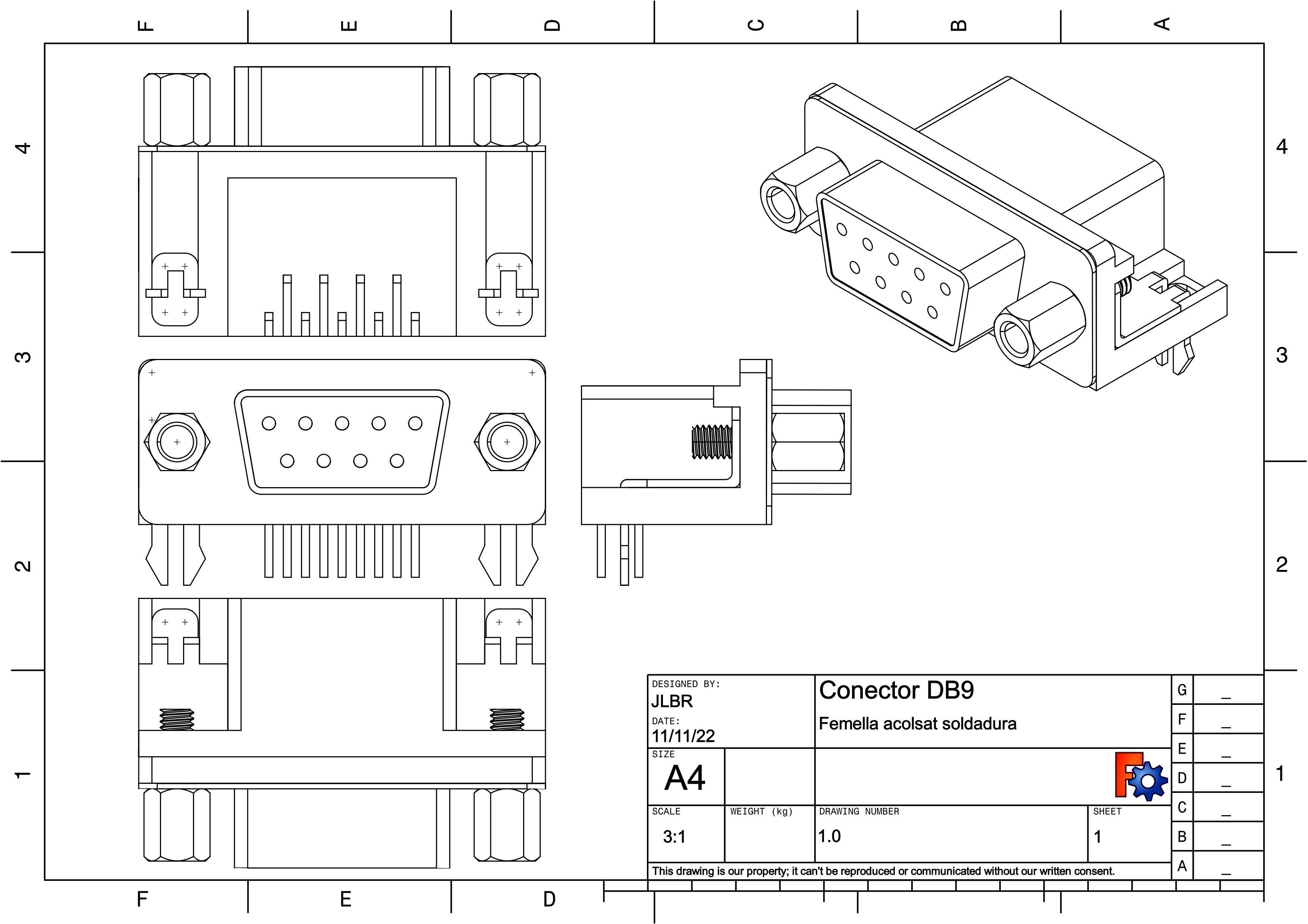DB9 female connector elbow trough hole 3D model CGTrader