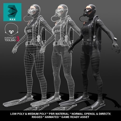 3D model Scuba Diver Female Diving Suit VR / AR / lowpoly CGTrader