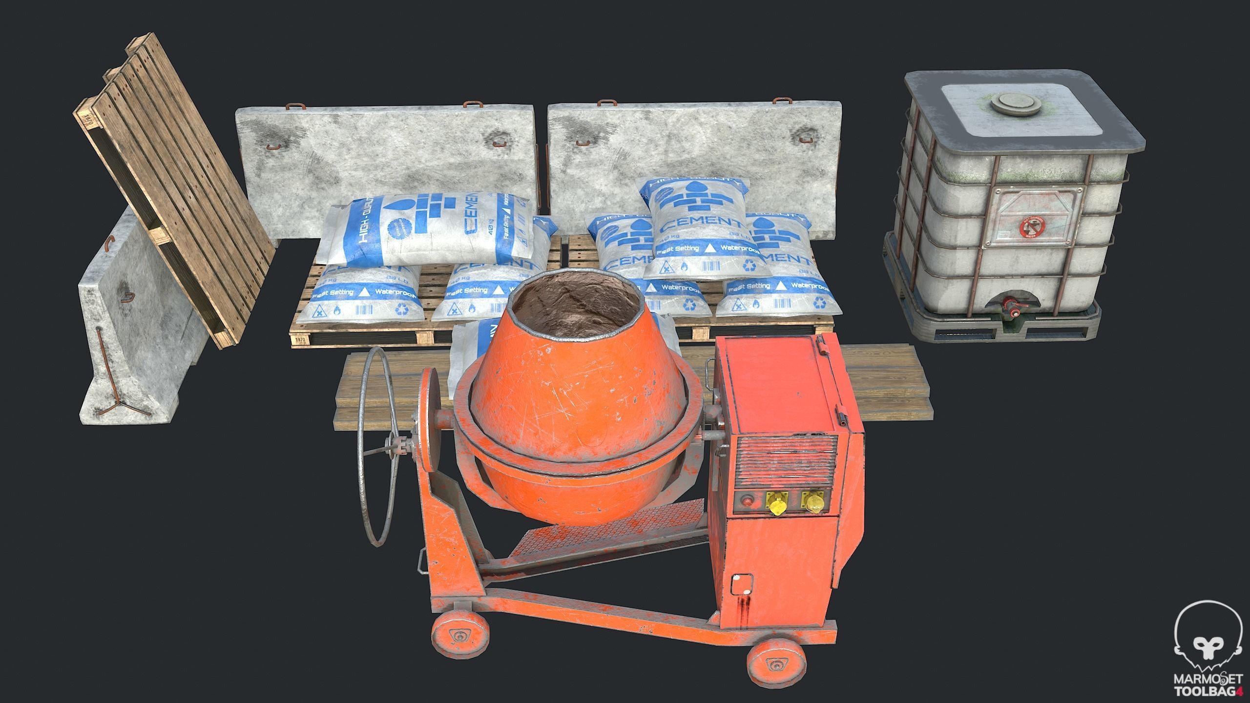 3D model Concrete Mixer Water Tank PalletCement Bag Concrete