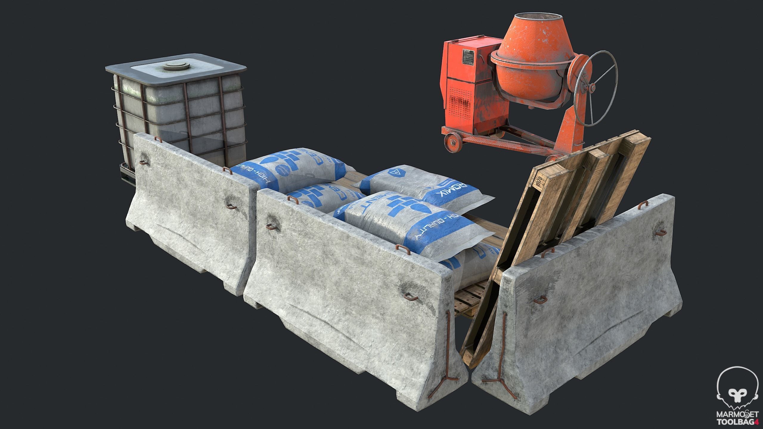 3D model Concrete Mixer Water Tank PalletCement Bag Concrete