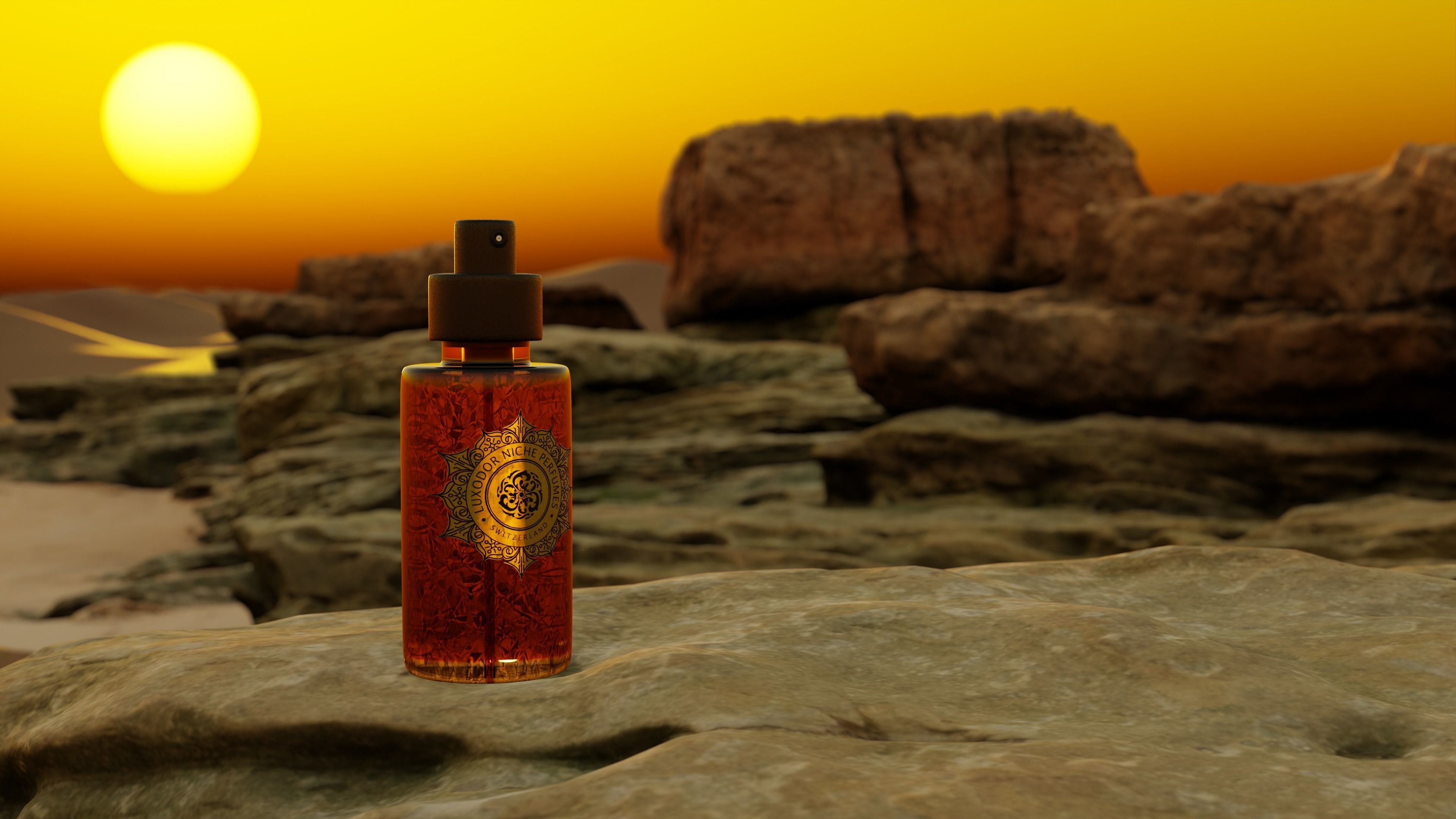 Perfume Render bottle of on rocks at sunset free 3D model | CGTrader