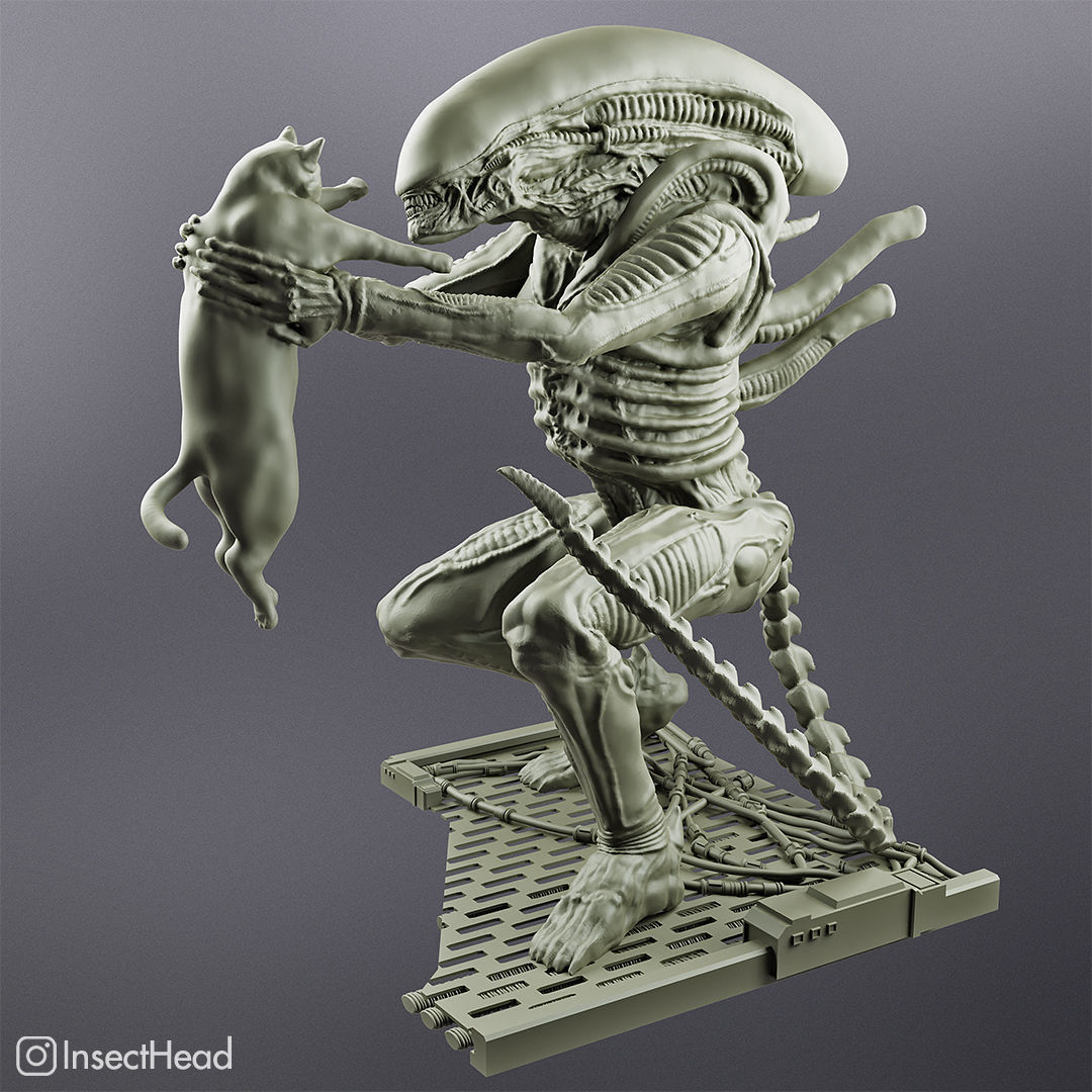 Alien xenomorph holding a cat for 3D printing 3D model 3D printable