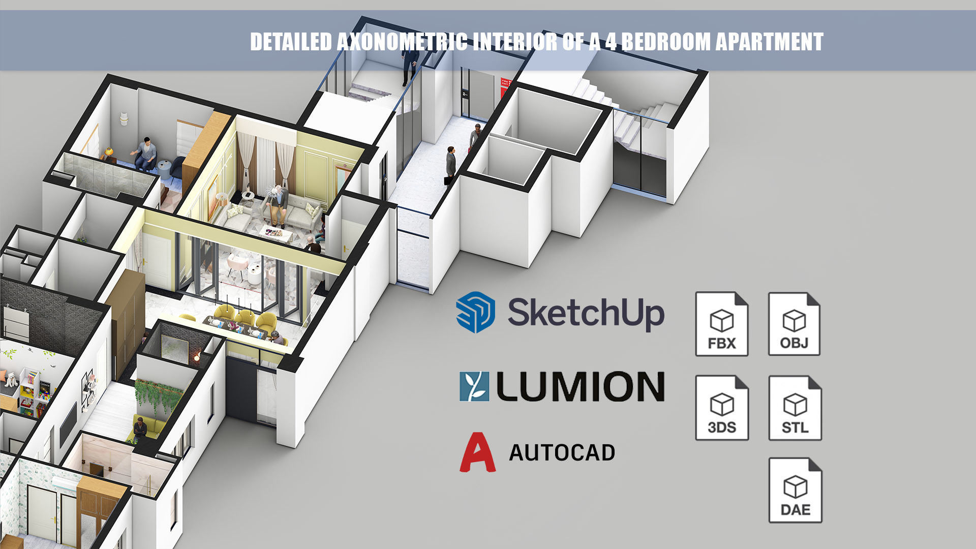 Detailed Axonometric Interior of a 4 bedroom apartment 3D model | CGTrader