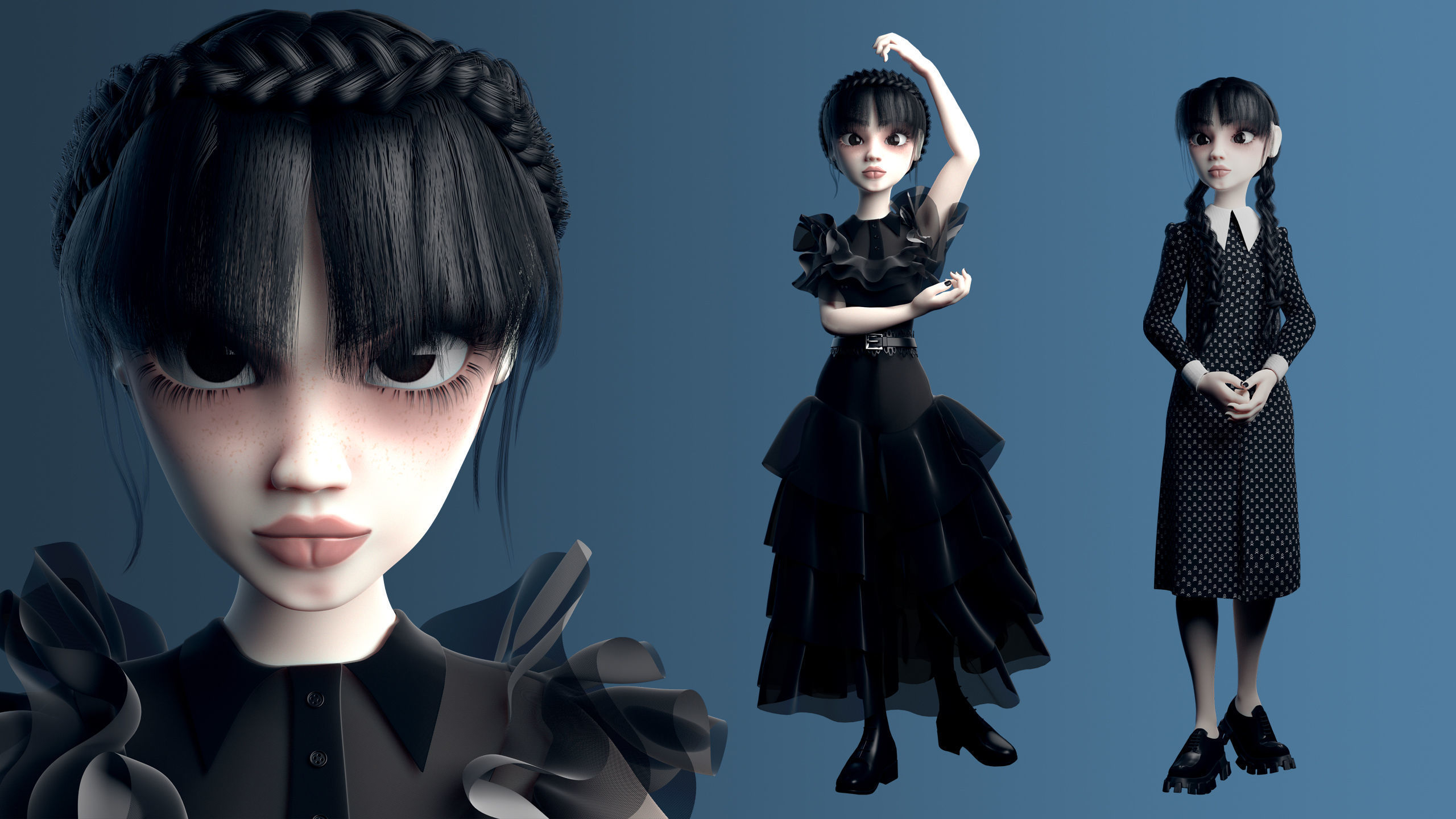 3D model Wednesday Addams LowPoly Pack of Two Rigged 3D Models VR / AR ...